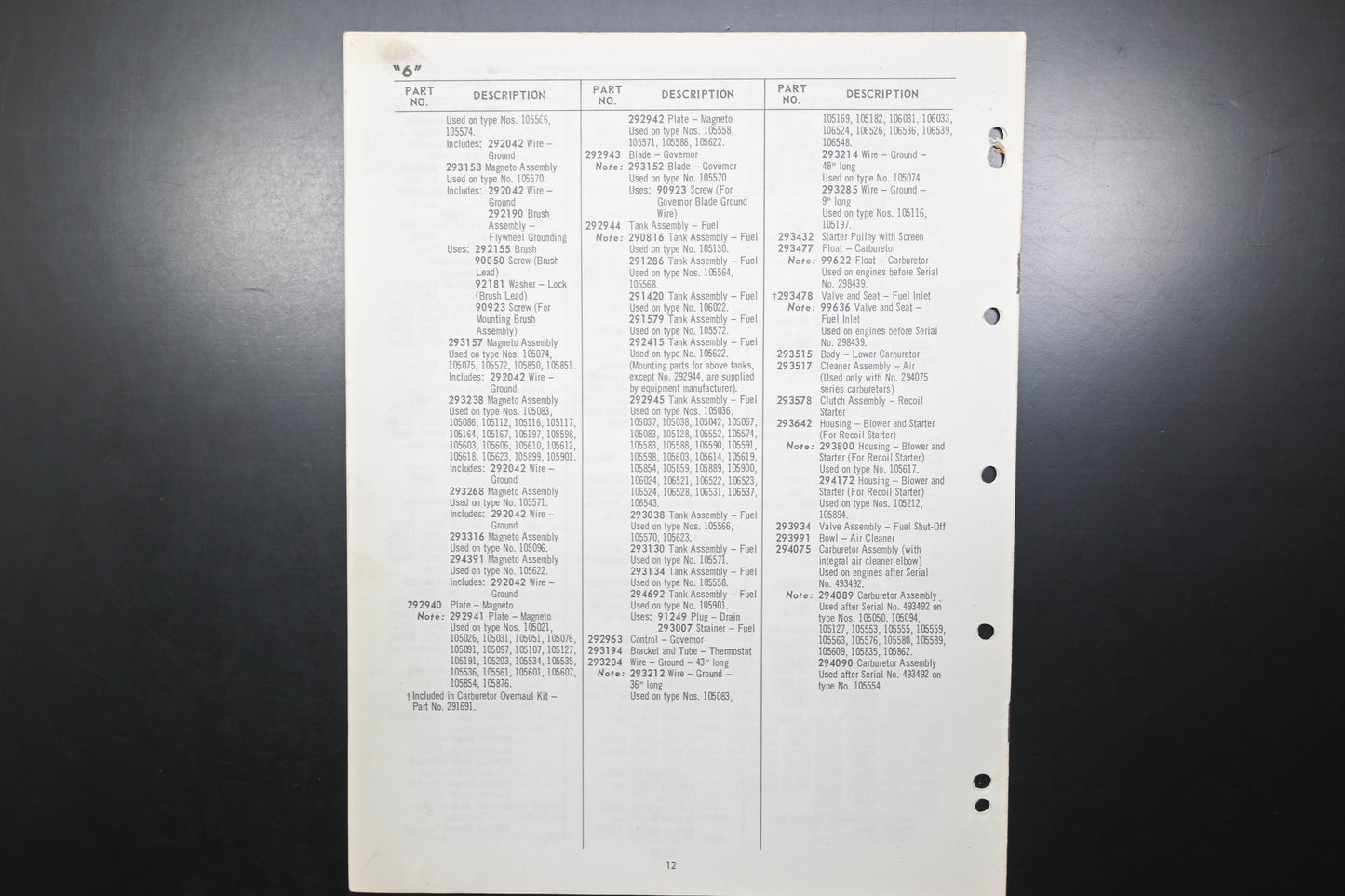 OEM Briggs & Stratton MS-3801-51 Model Series 6F & 6R Parts List