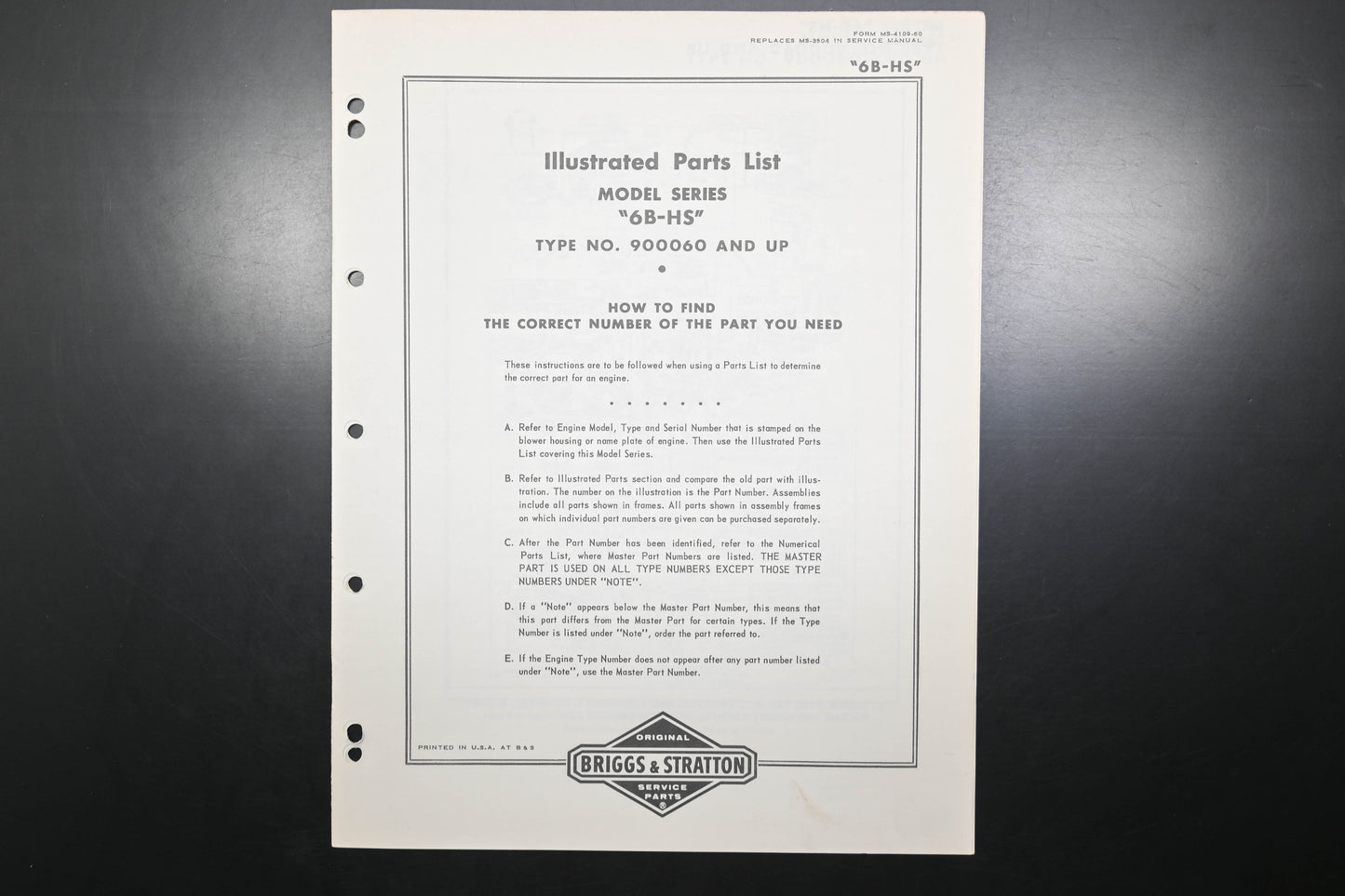 OEM Briggs & Stratton MS-4109-60 Model 6B-HS 900060 Series Parts List