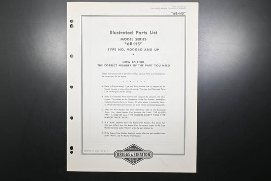 OEM Briggs & Stratton MS-4109-60 Model 6B-HS 900060 Series Parts List