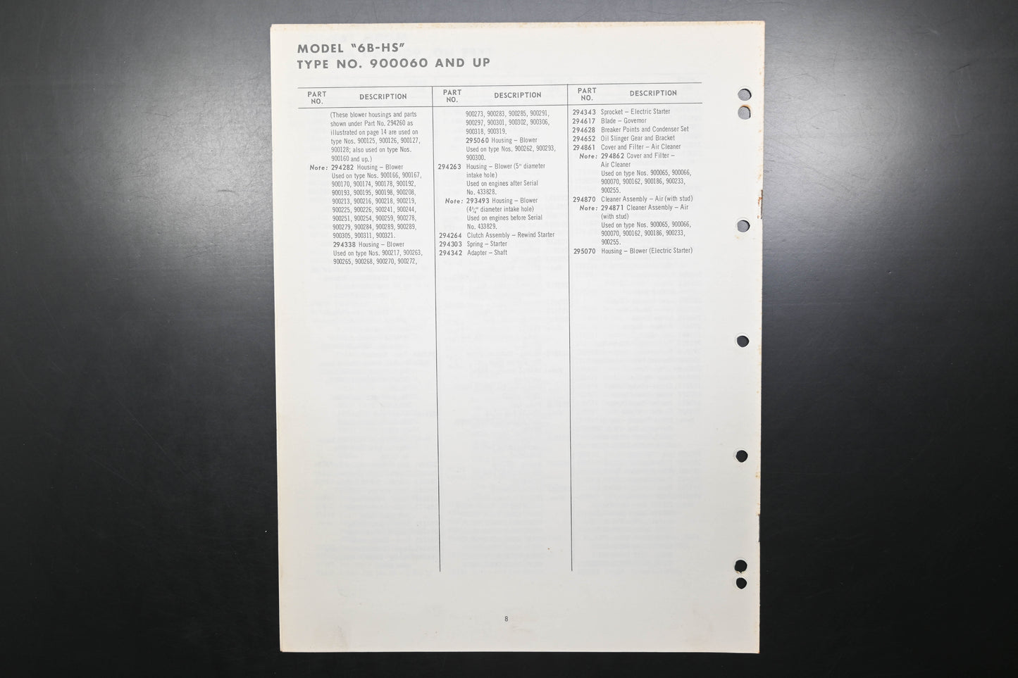 OEM Briggs & Stratton MS-4109-60 Model 6B-HS 900060 Series Parts List