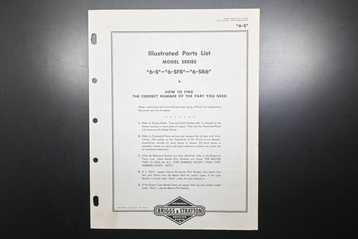 OEM Briggs & Stratton MS-3677-41 Model 6-S Parts List