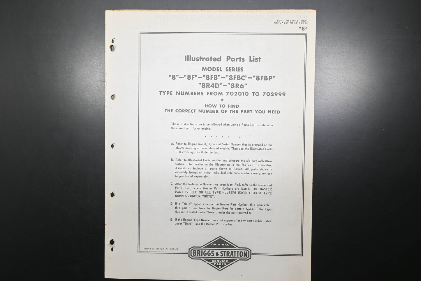 OEM Briggs & Stratton MS-3449-51 Model Series 8F 8P 8R Parts List