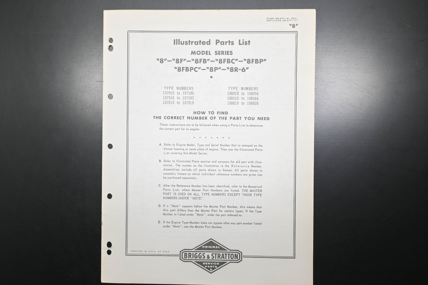 OEM Briggs & Stratton MS-3771-41 Model Series 8F 8P 8R Parts List