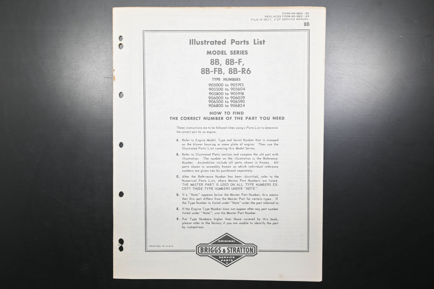 OEM Briggs & Stratton MS-3802-60 Model 8B Parts List