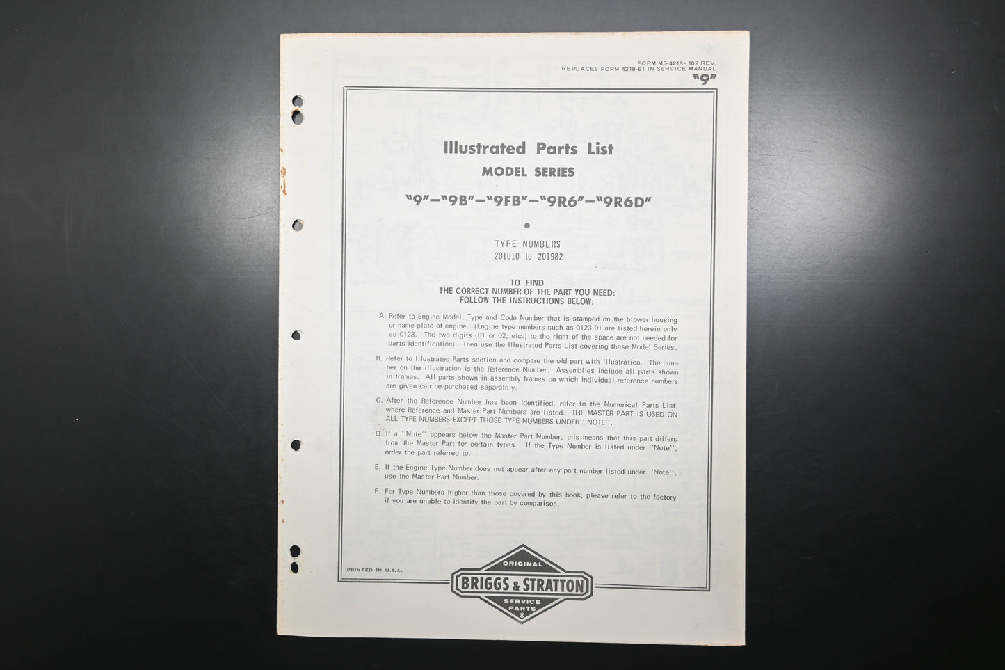 OEM Briggs & Stratton MS-4218-102 Model Series 9 9B 9F 9R Parts List