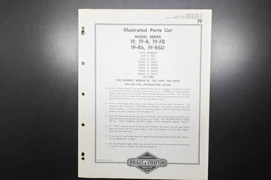 OEM Briggs & Stratton MS-4059-97 Model Series 19 19-B 19-F 19-R Parts List