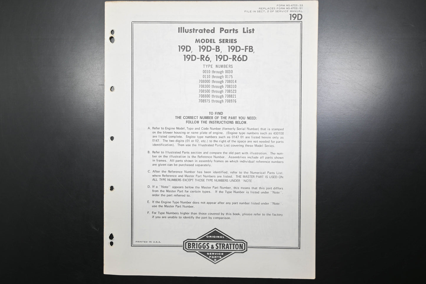 OEM Briggs & Stratton MS-4073-53 Model Series 19D Parts List