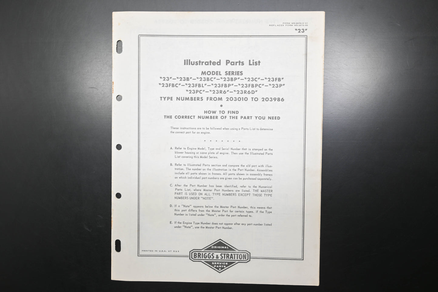 OEM Briggs & Stratton MS-3676-9/61 Model 23 203010-203986 Parts List