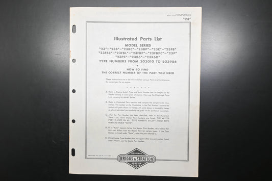 OEM Briggs & Stratton MS-3676-9/61 Model 23 203010-203986 Parts List