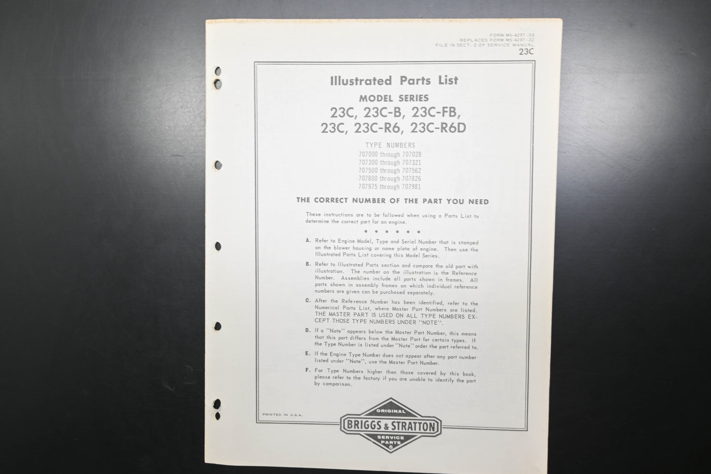 OEM Briggs & Stratton MS-4237-53 Model Series 23C Parts List