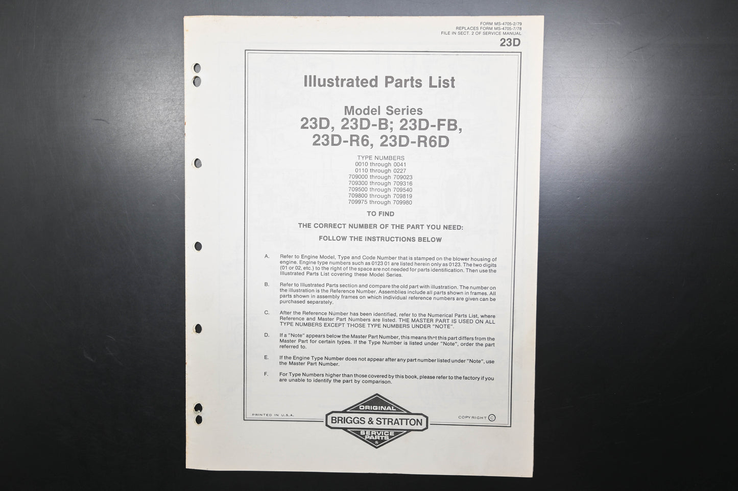 OEM Briggs & Stratton MS-4705-2/79 Model Series 23D Parts List
