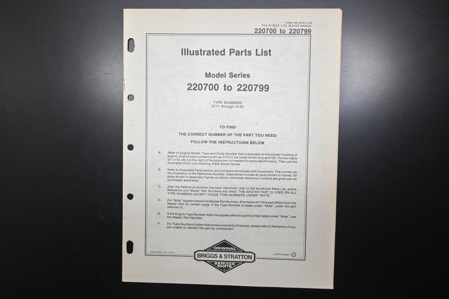 OEM Briggs & Stratton MS-7075-11/78 220700-220799 Parts List
