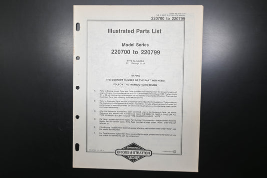 OEM Briggs & Stratton MS-7075-11/78 220700-220799 Parts List