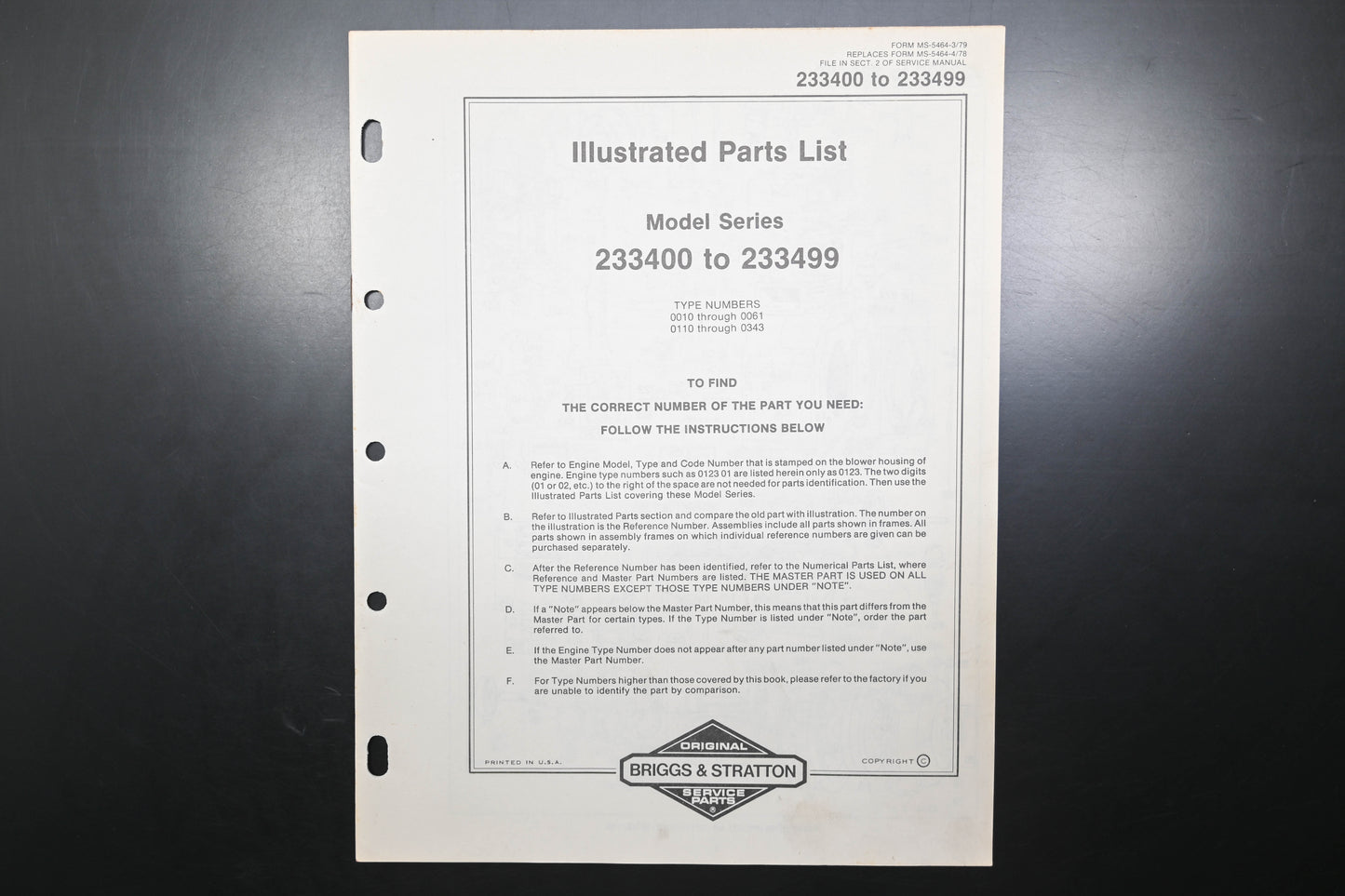 OEM Briggs & Stratton MS-5464-3/79 233400-233499 Parts List