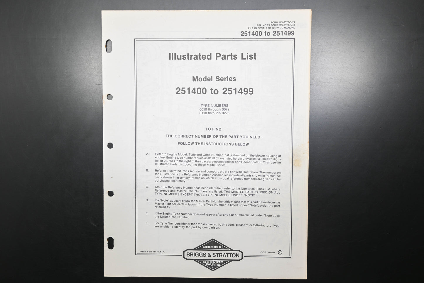 OEM Briggs & Stratton MS-6370-3/79 251400-251499 Parts List