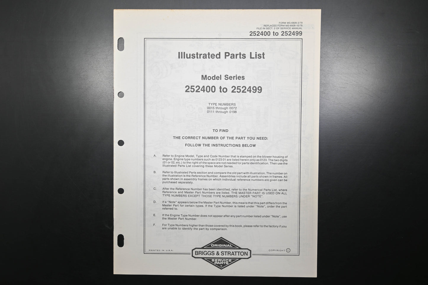 OEM Briggs & Stratton MS-6928-3/79 252400-252499 Parts List