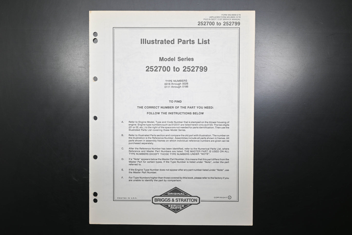 OEM Briggs & Stratton MS-6929-5/79 252700-252799 Parts List