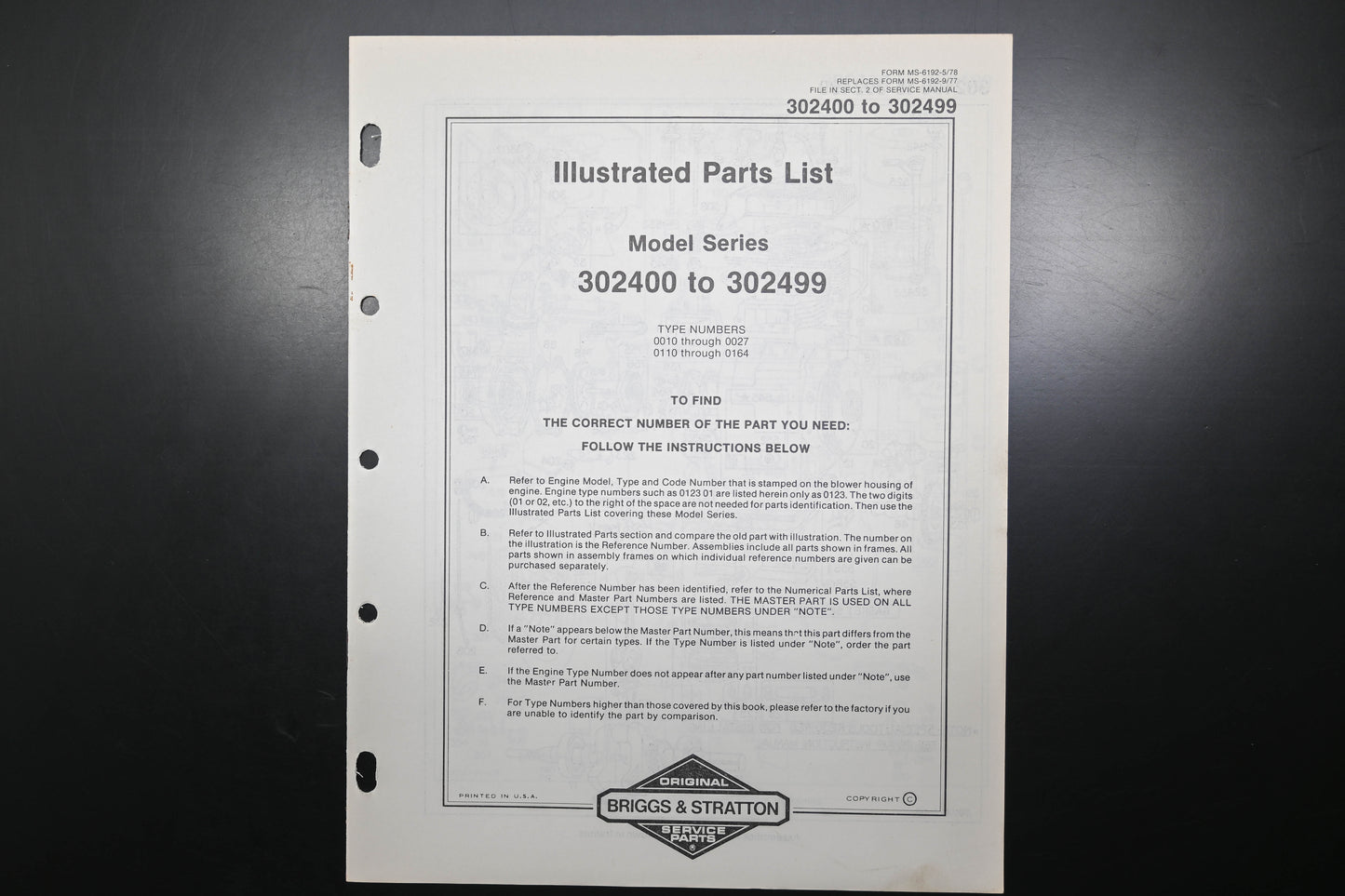 OEM Briggs & Stratton MS-6192-5/78 302400-302499 Parts List