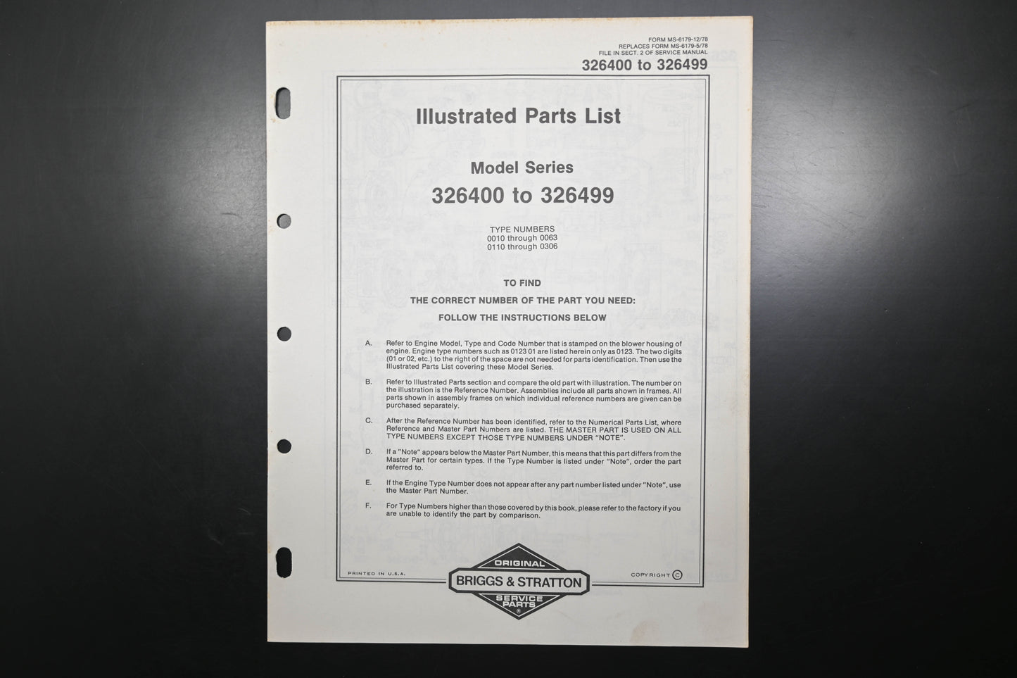 OEM Briggs & Stratton MS-6179-12/78 326400-326499 Parts List