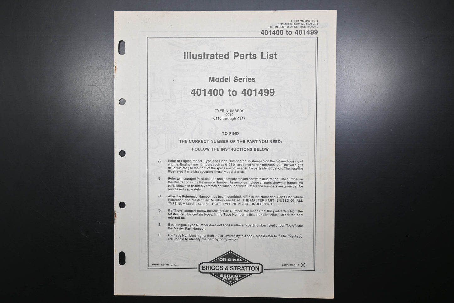 OEM Briggs & Stratton MS-6930-11/78 401400-401499 Parts List