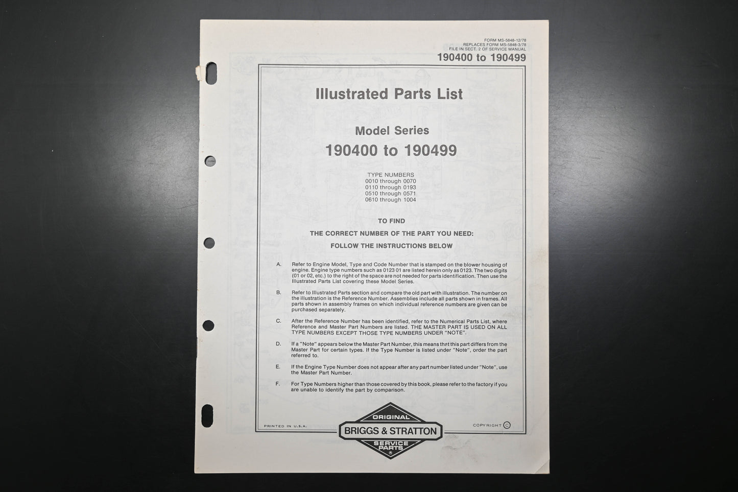 OEM Briggs & Stratton MS-5848-12/78 190400-190499 Parts List