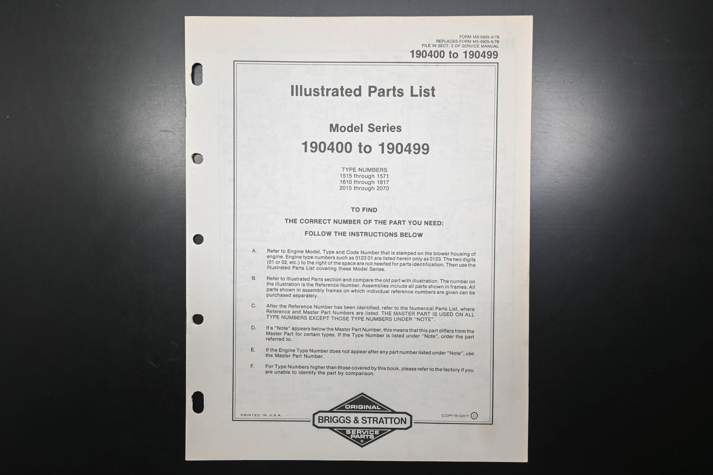 OEM Briggs & Stratton MS-6925-4/79 190400-190499 Parts List