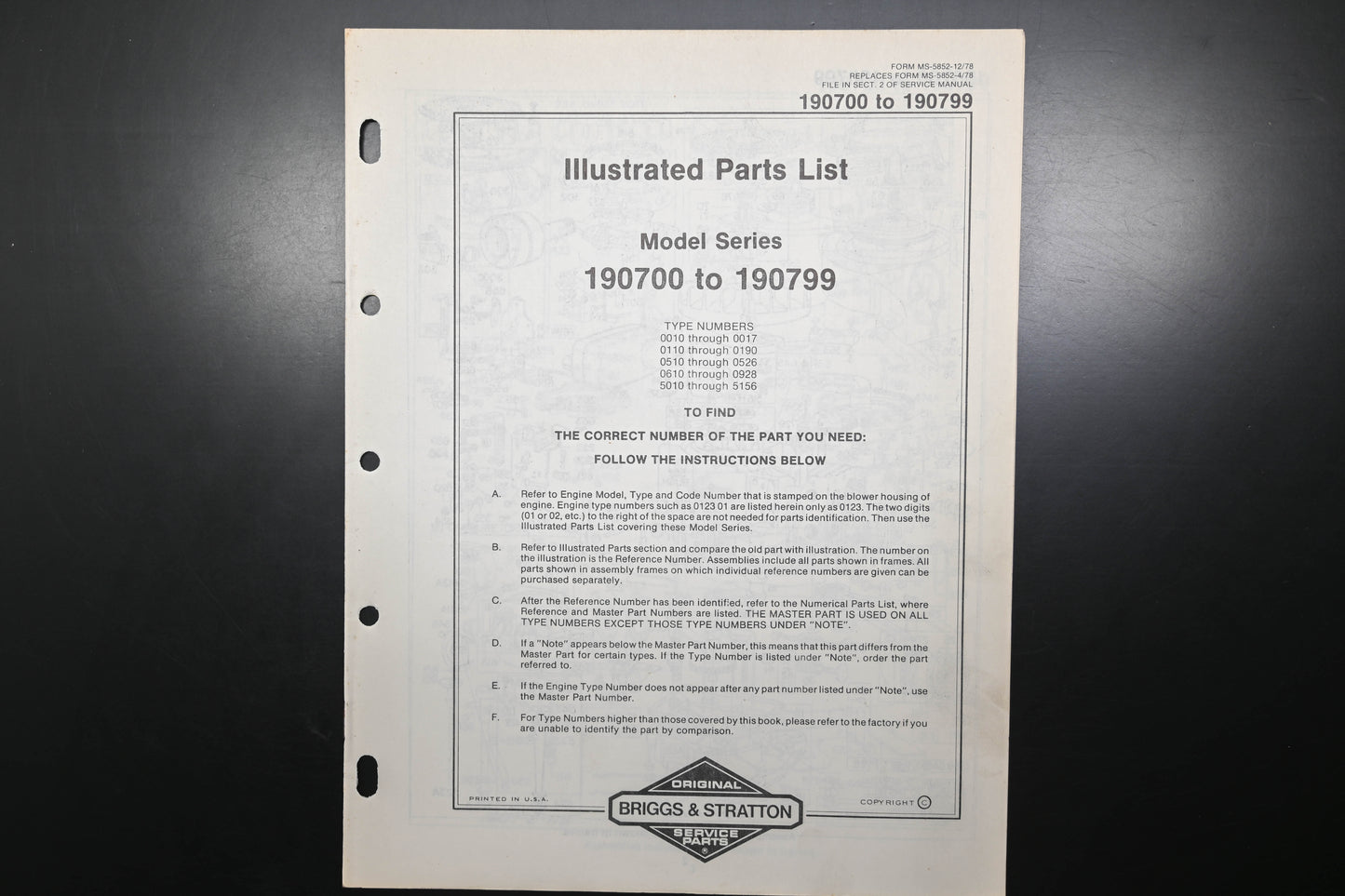 OEM Briggs & Stratton MS-5852-12/78 190700-190799 Parts List