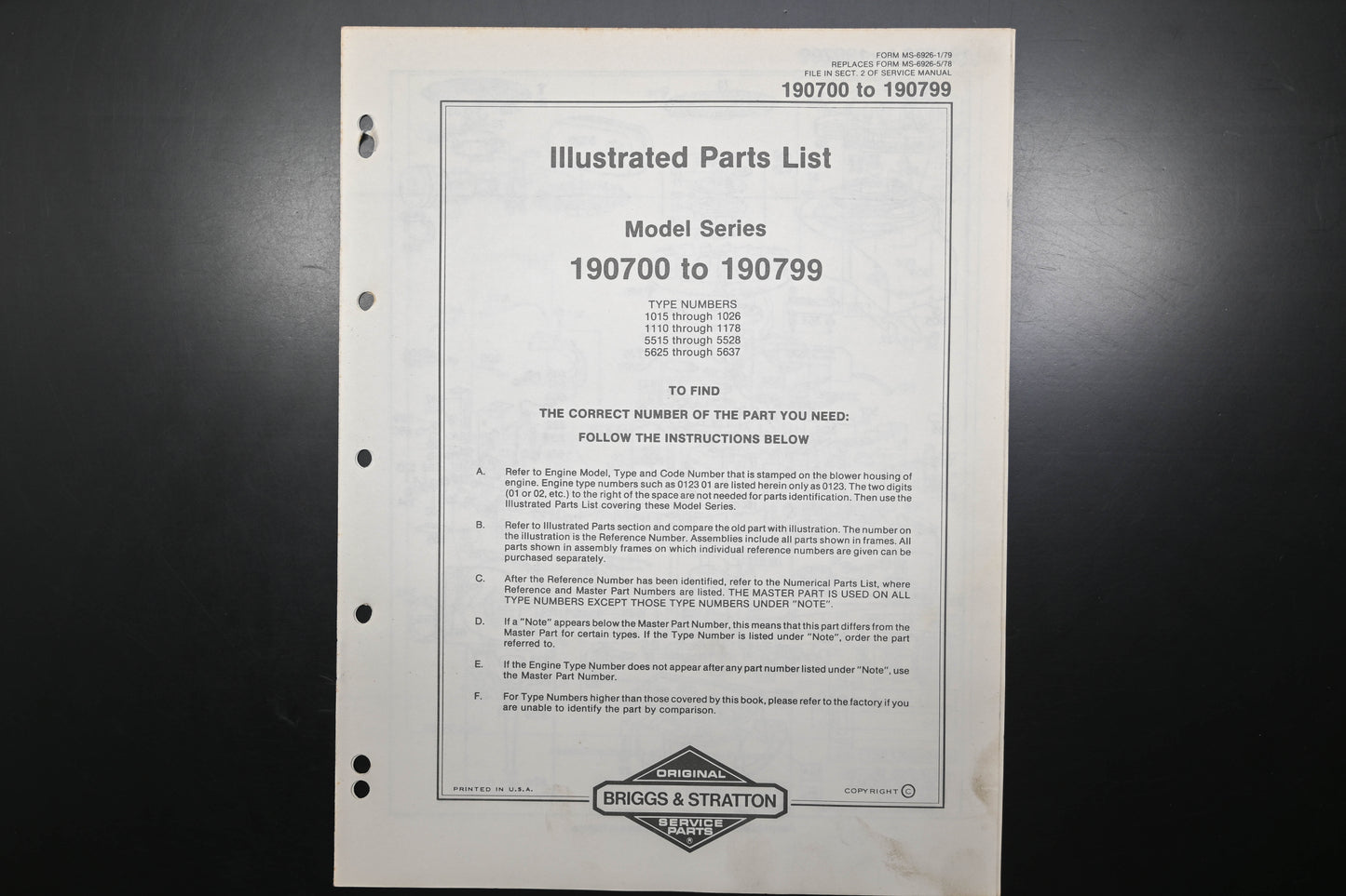 OEM Briggs & Stratton MS-6926-1/79 190700-190799 Parts List