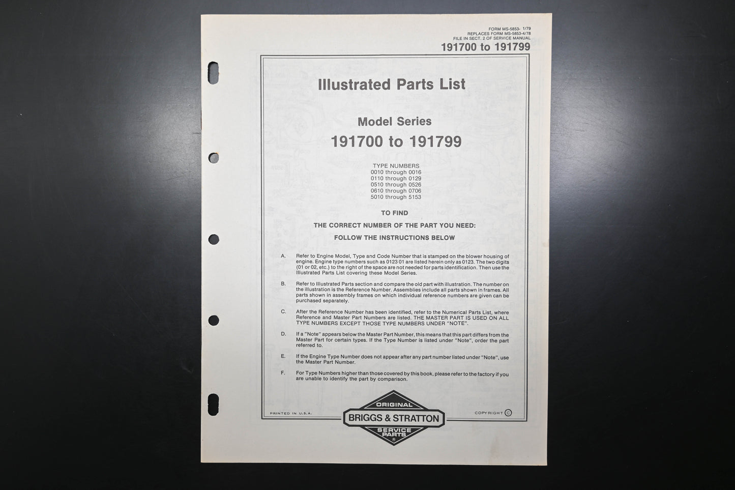 OEM Briggs & Stratton MS-5853-1/79 191700-191799 Parts List