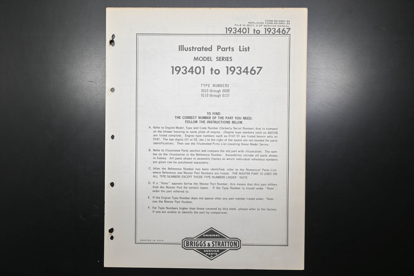 OEM Briggs & Stratton MS-5463-84 193401-193467 Parts List