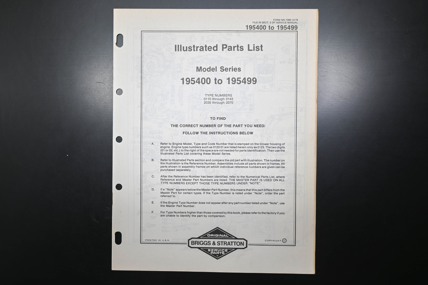 OEM Briggs & Stratton MS-7086-12/78 195400-195499 Parts List