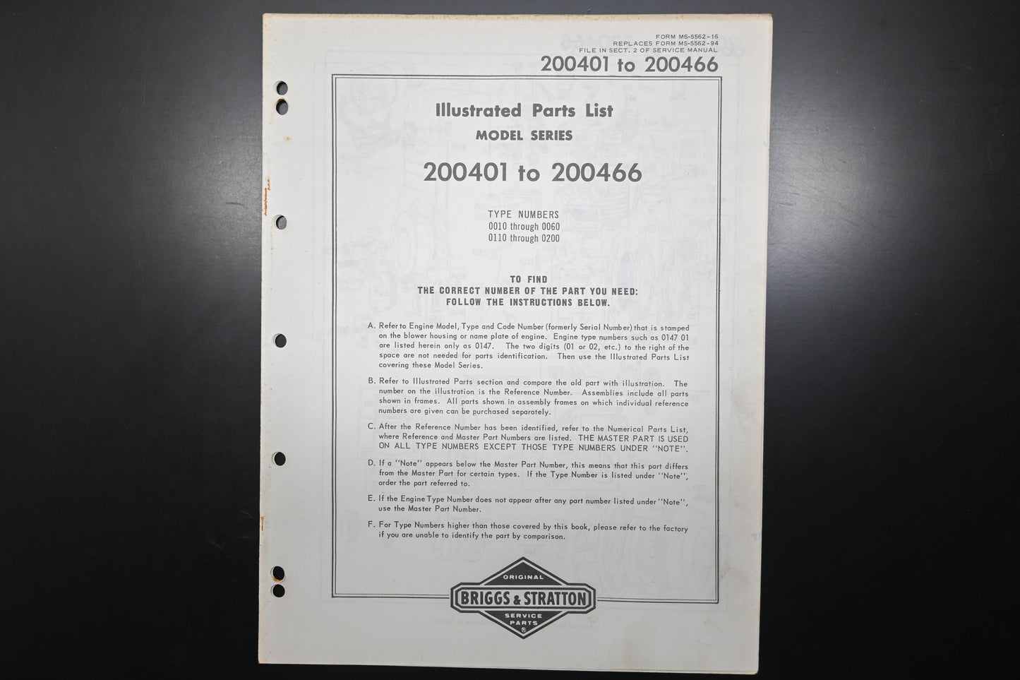 OEM Briggs & Stratton MS-5562-16 200401-200466 Parts List