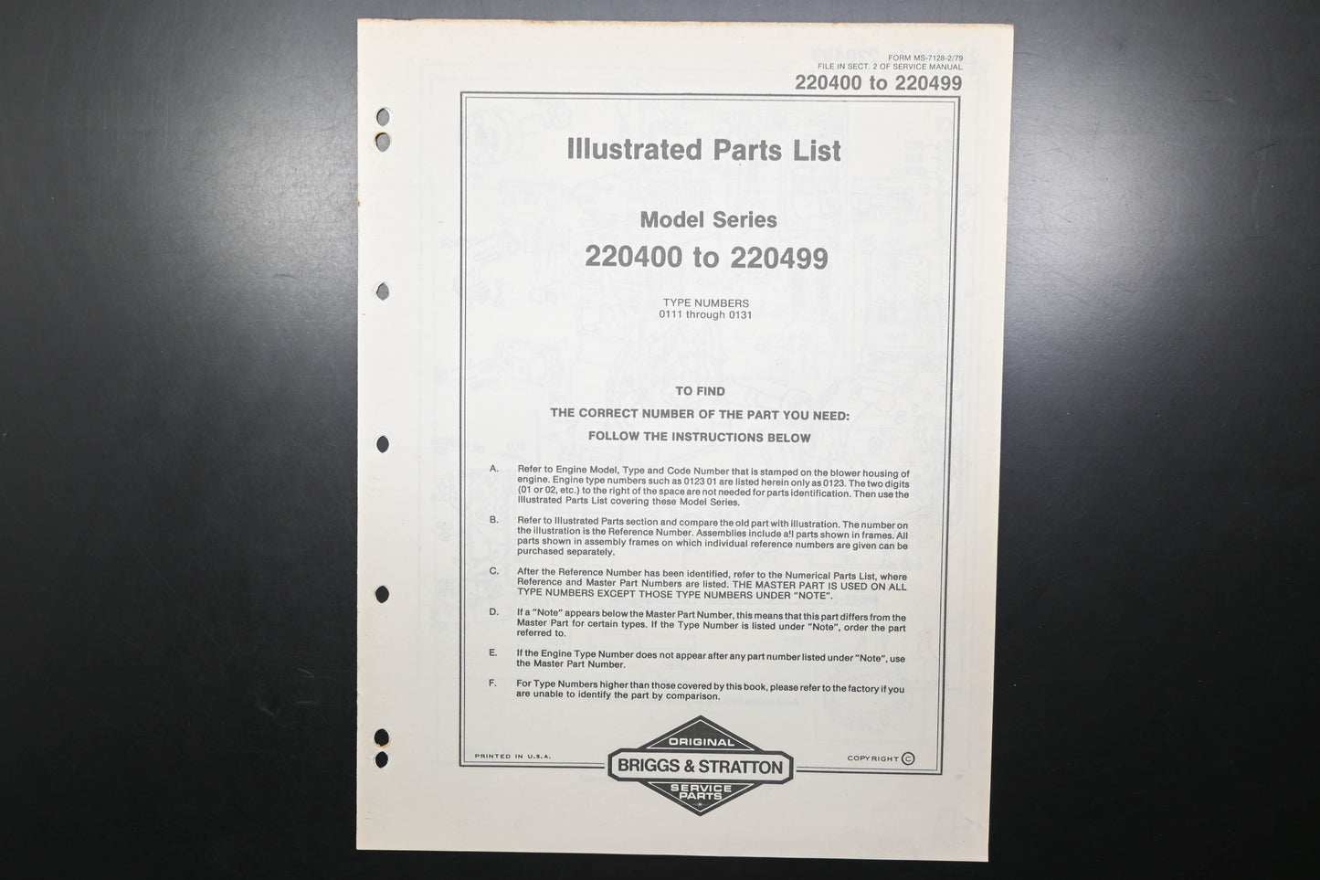 OEM Briggs & Stratton MS-7128-2/79 220400-220499 Parts List