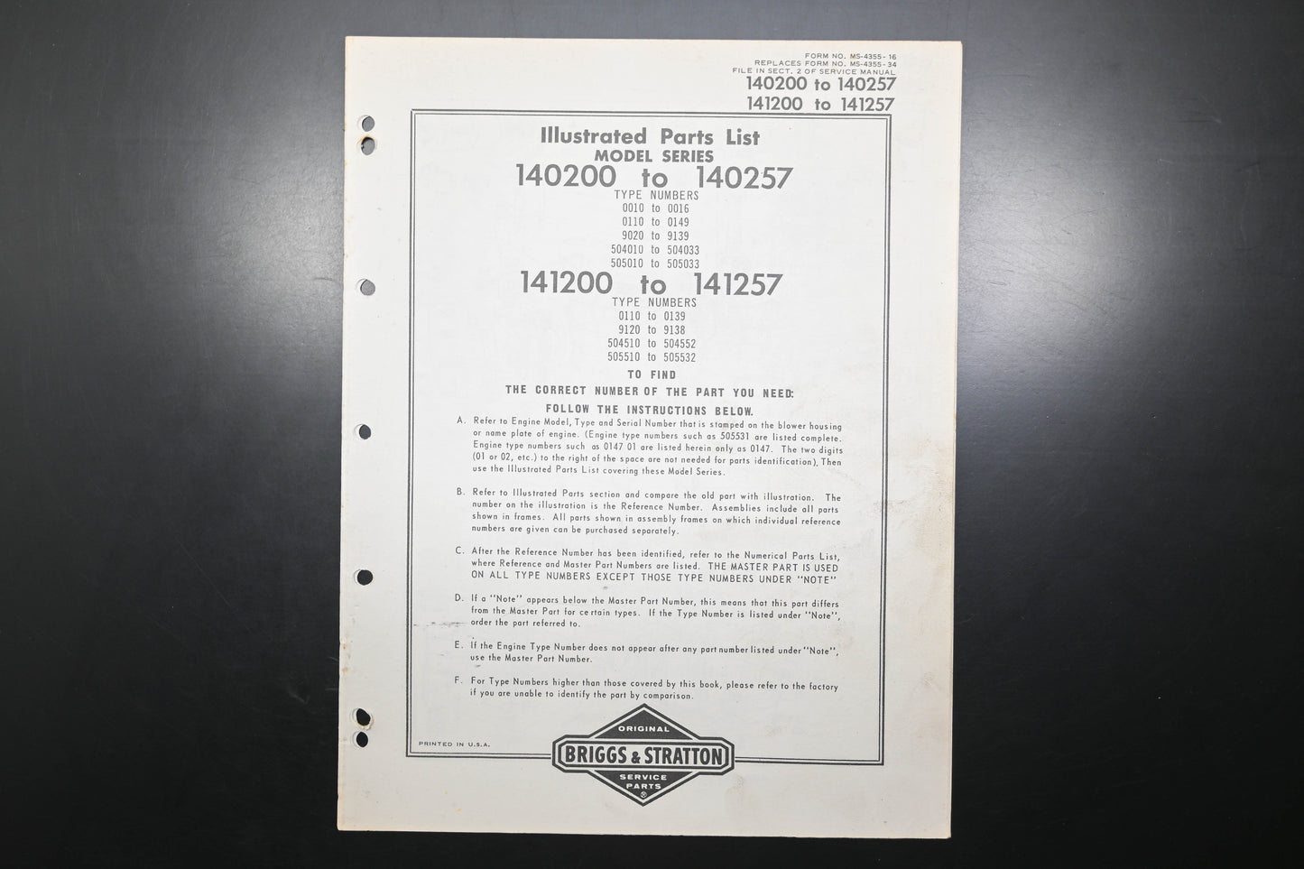 OEM Briggs & Stratton MS-4355-16 140200-140257 & 141200-141257 Parts List