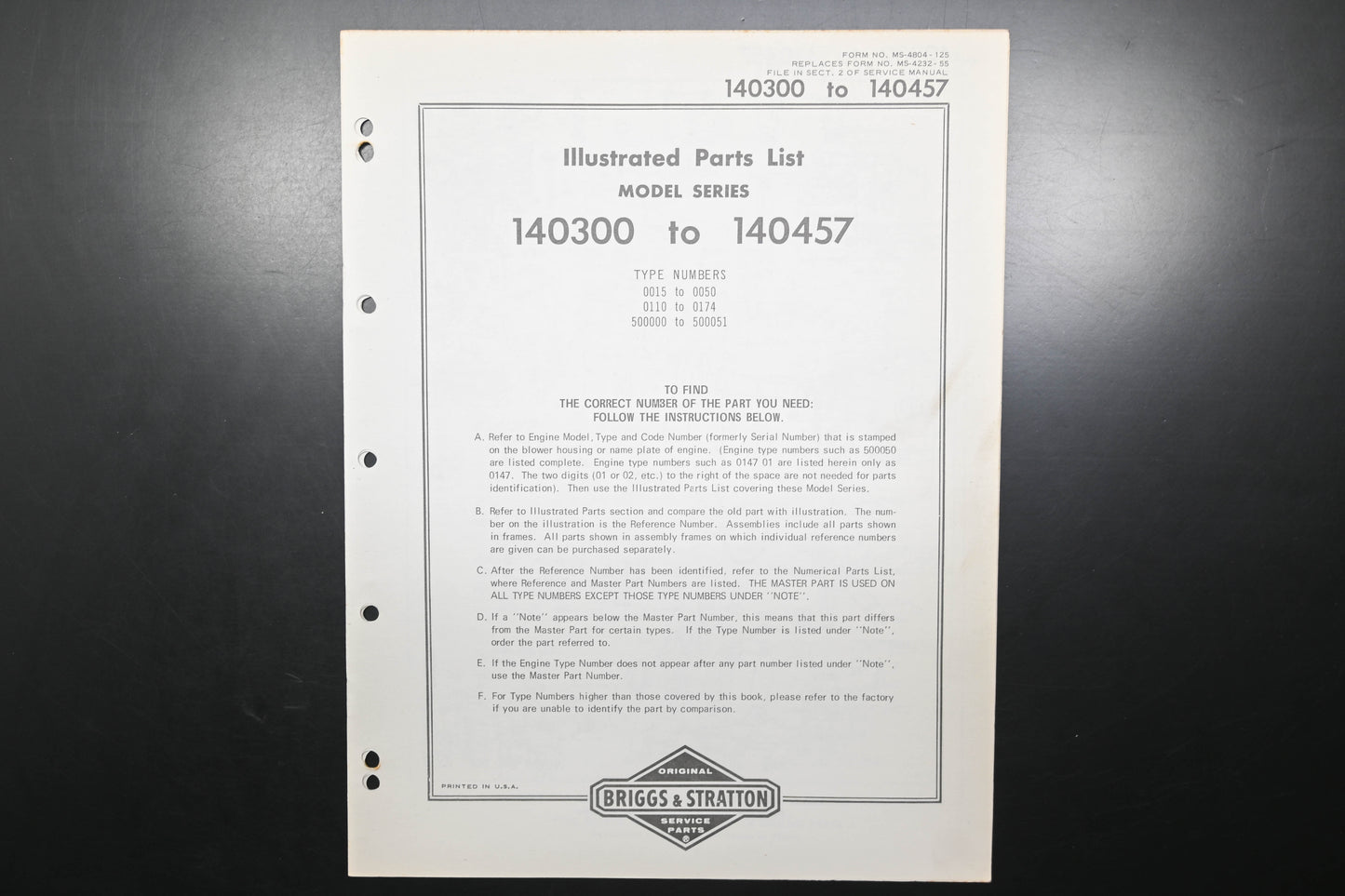 OEM Briggs & Stratton MS-4804-125 140300-140457 Parts List