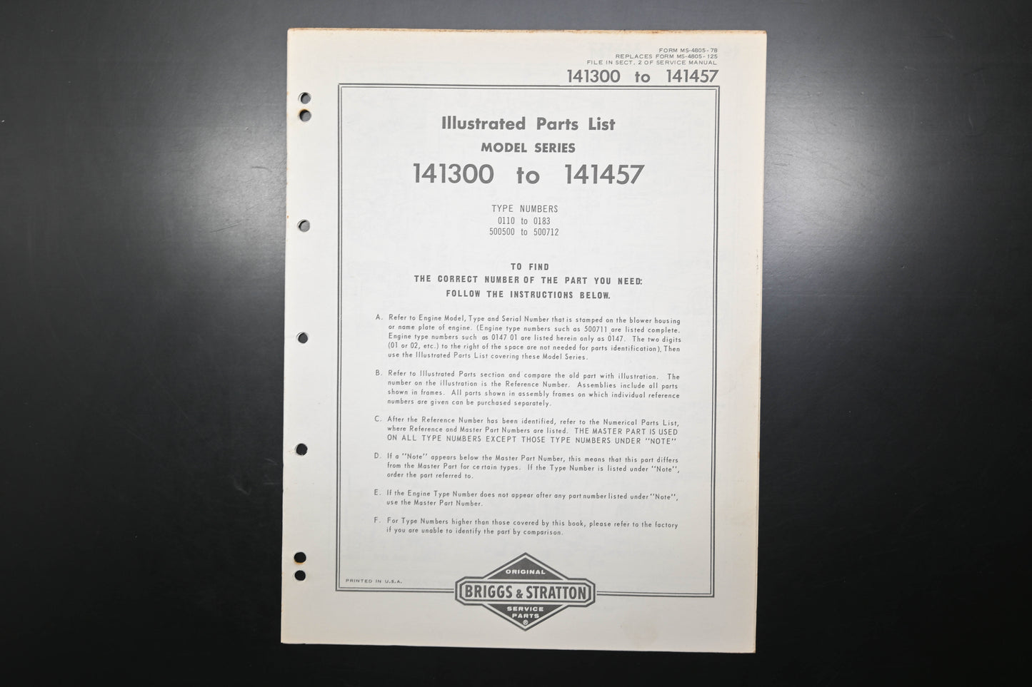 OEM Briggs & Stratton MS-4805-78 141300-141457 Parts List