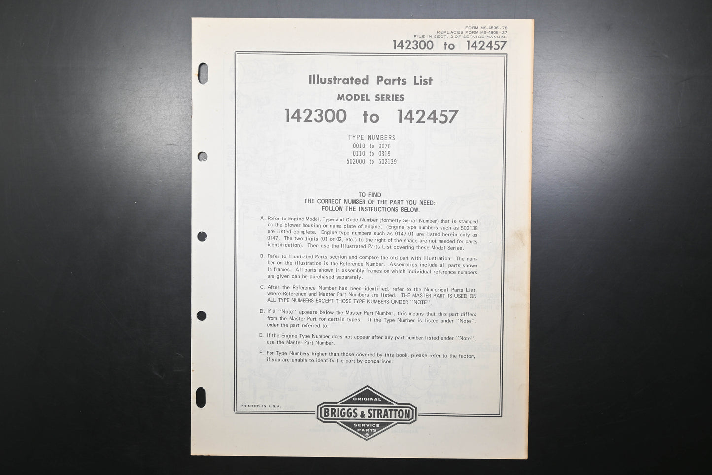 OEM Briggs & Stratton MS-4806-78 142300-142457 Parts List