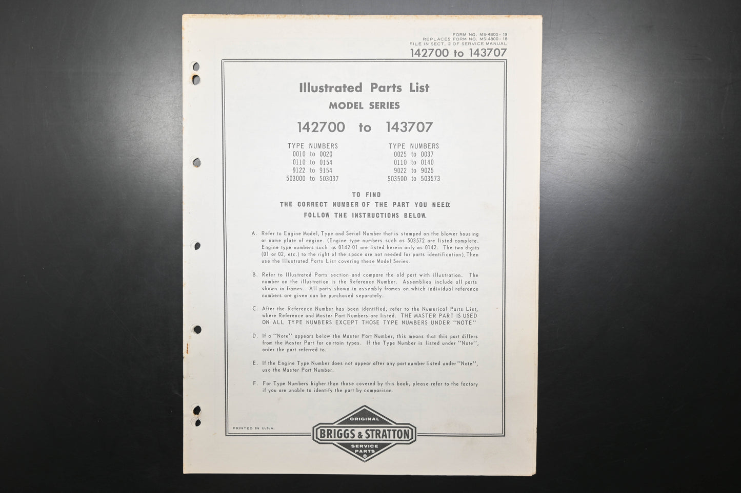 OEM Briggs & Stratton MS-4800-19 142700-143707 Parts List