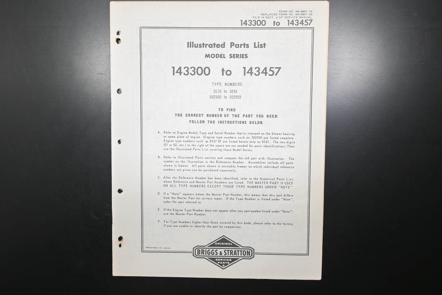 OEM Briggs & Stratton MS-4807-16 143300-143457 Parts List