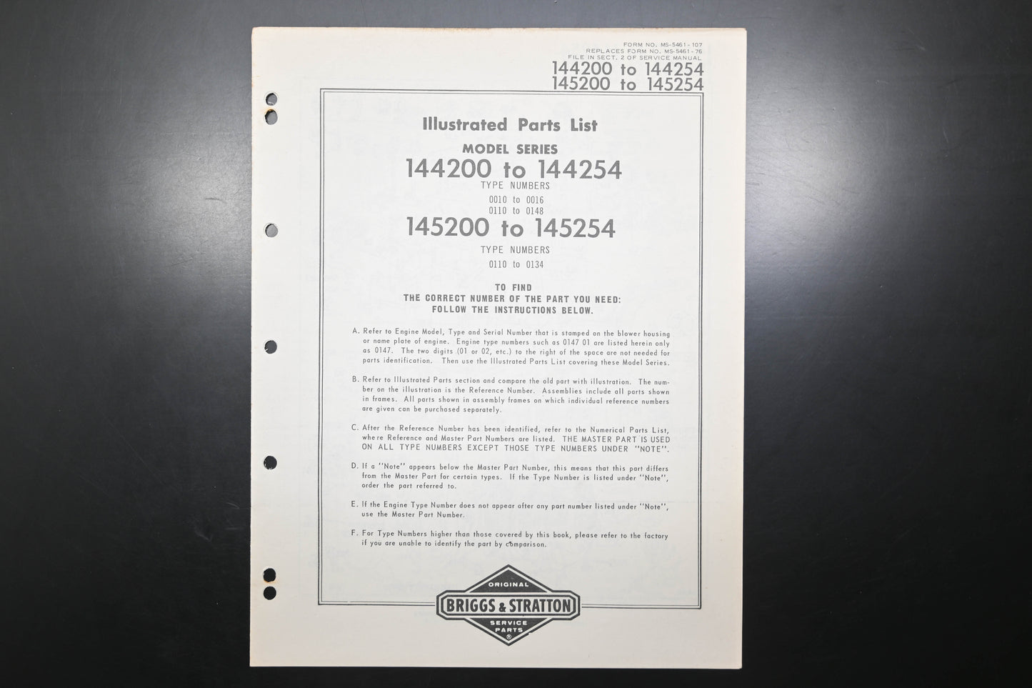 OEM Briggs & Stratton MS-5461-107 144200-144254 & 145200-145254 Parts List