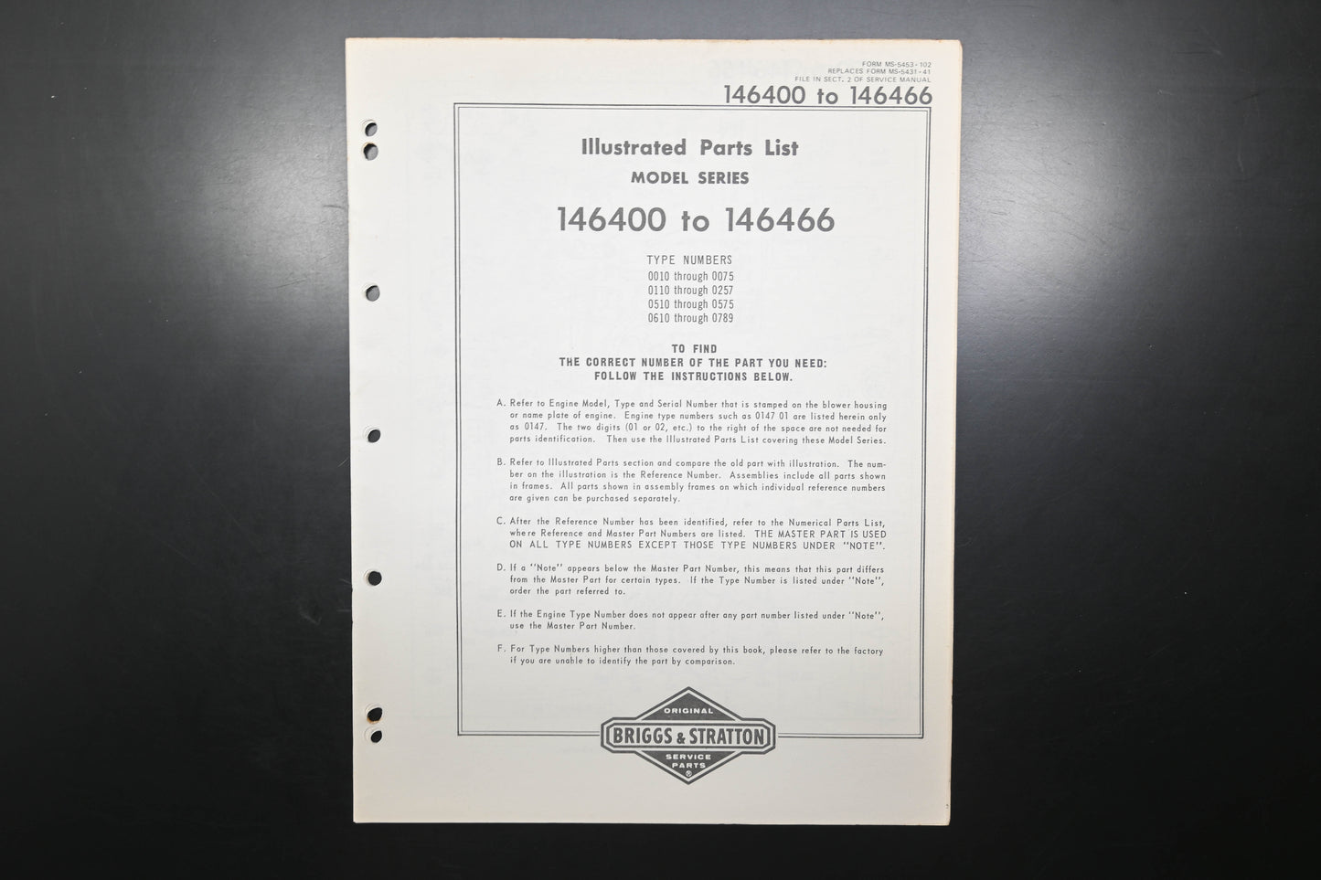 OEM Briggs & Stratton MS-5453-102 146400-146466 Parts List