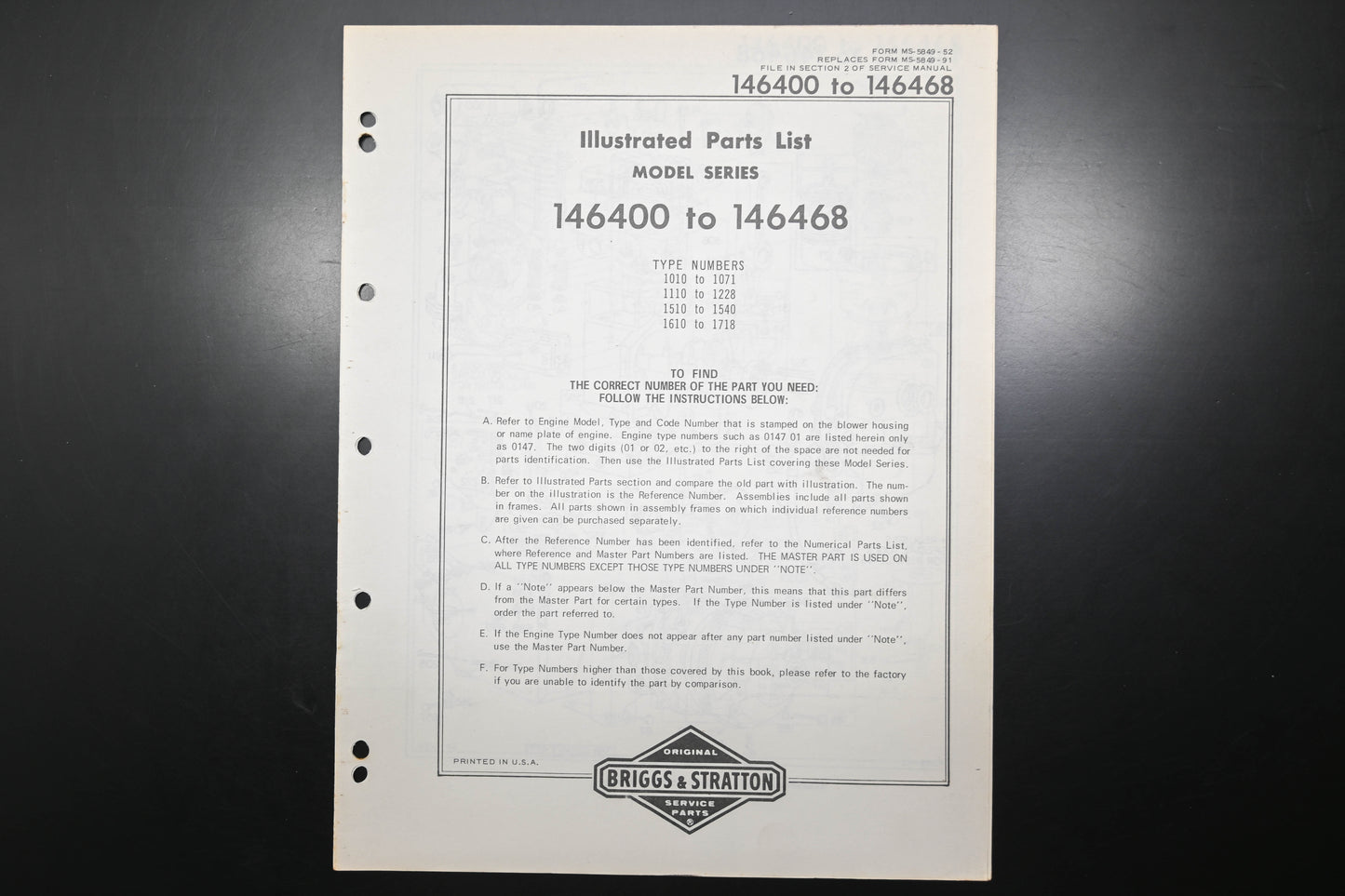 OEM Briggs & Stratton MS-5849-52 146400-146468 Parts List