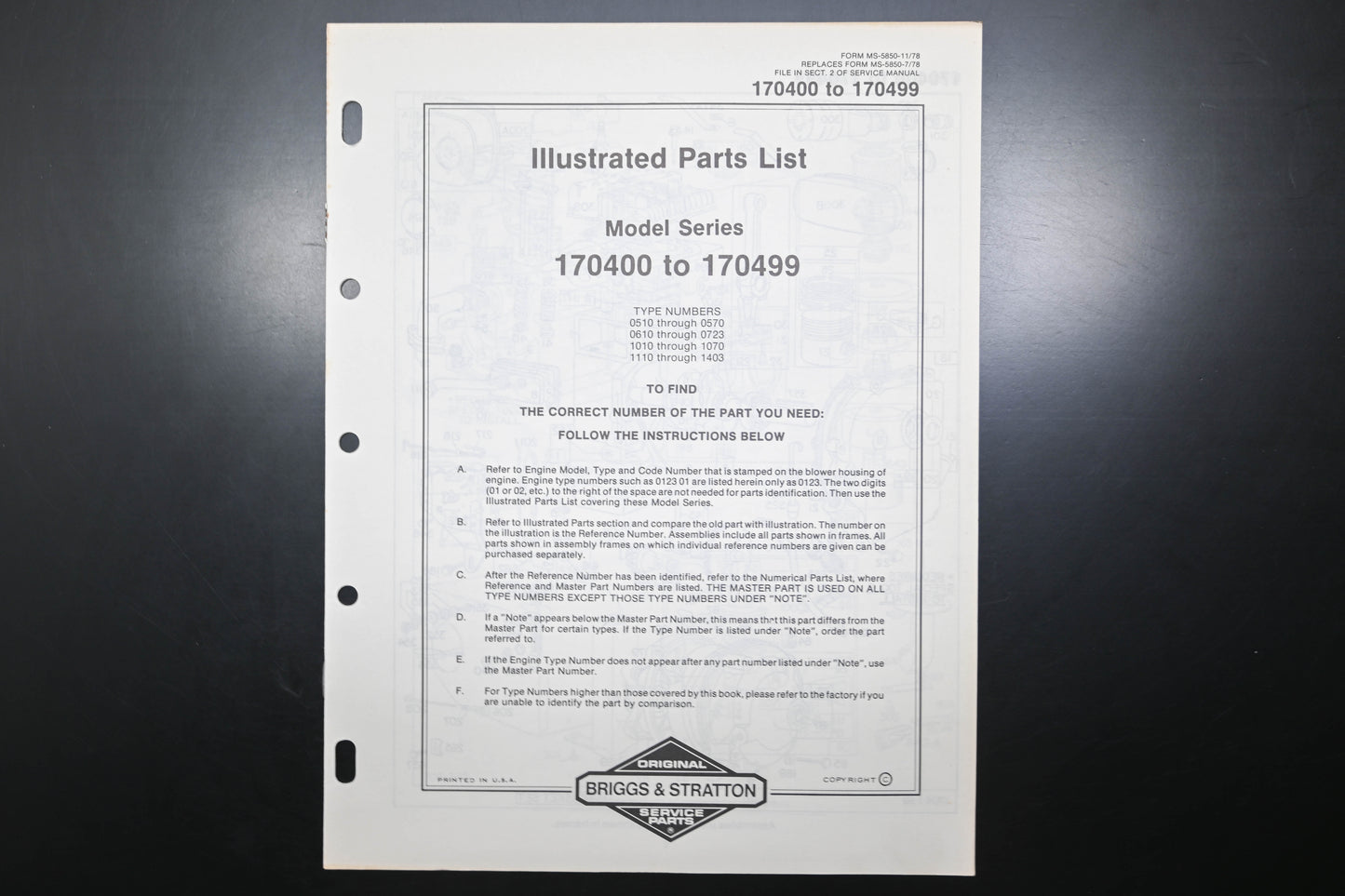 OEM Briggs & Stratton MS-5850-11/78 170400-170499 Parts List