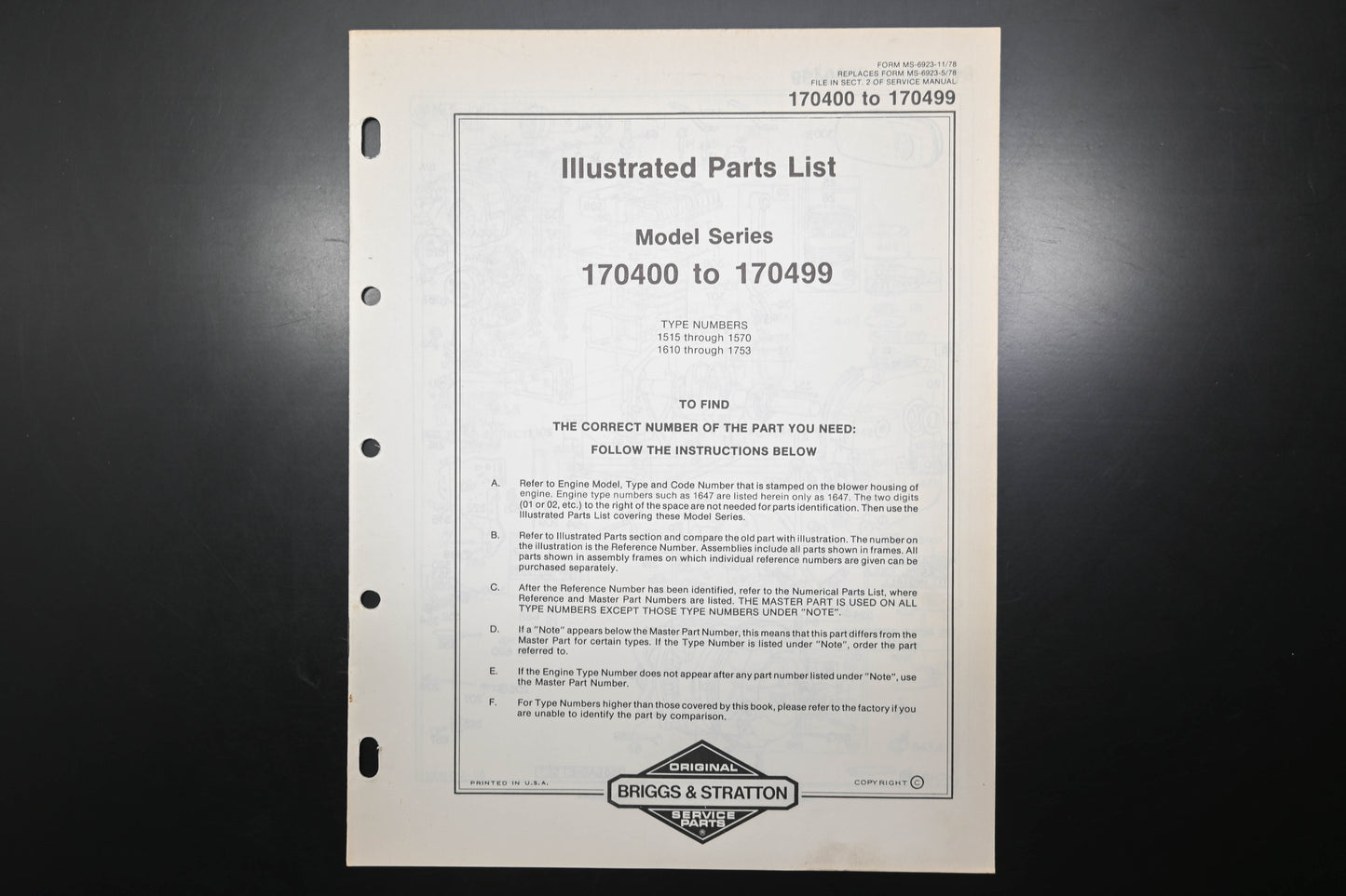 OEM Briggs & Stratton MS-6923-11/78 170400-170499 Parts List