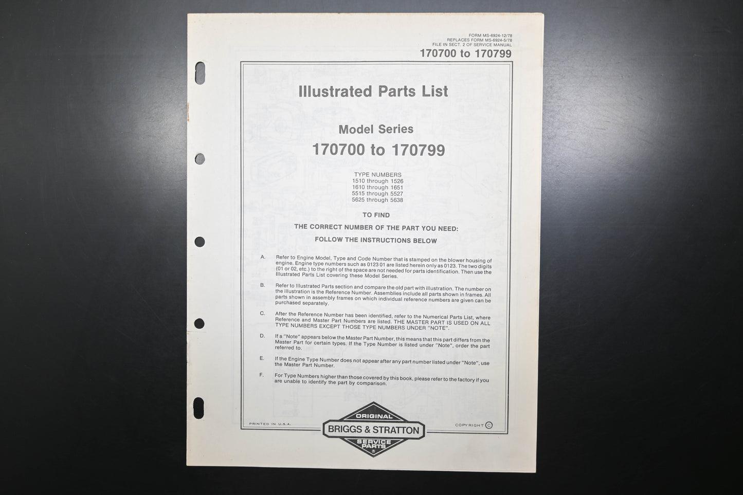 OEM Briggs & Stratton MS-6924-12/78 170700-170799 Parts List