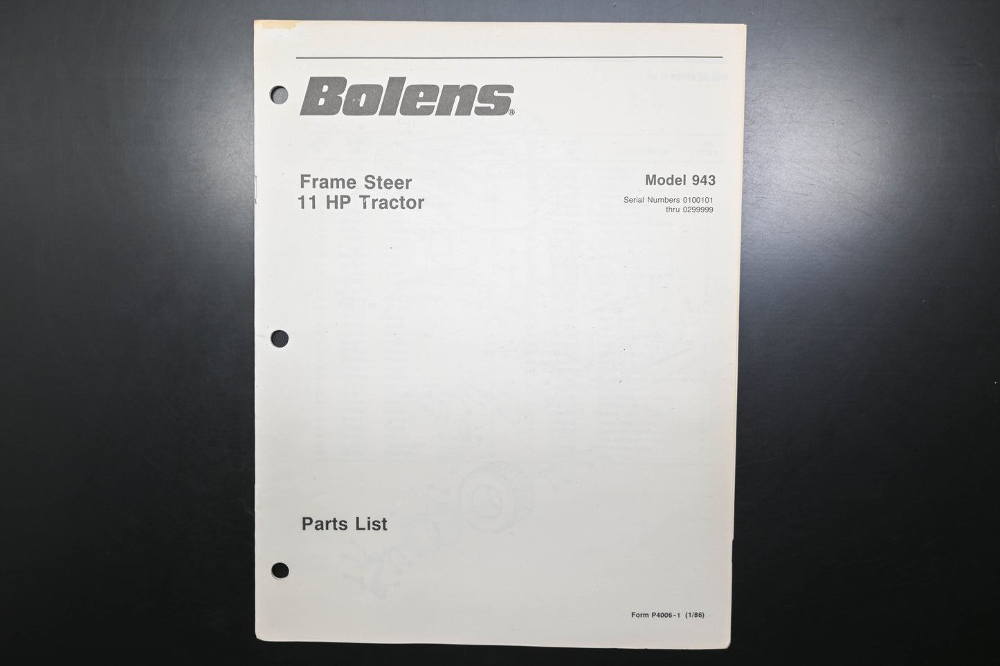Bolens P4006-1 86 Frame Steer Tractor Models 943 Parts List