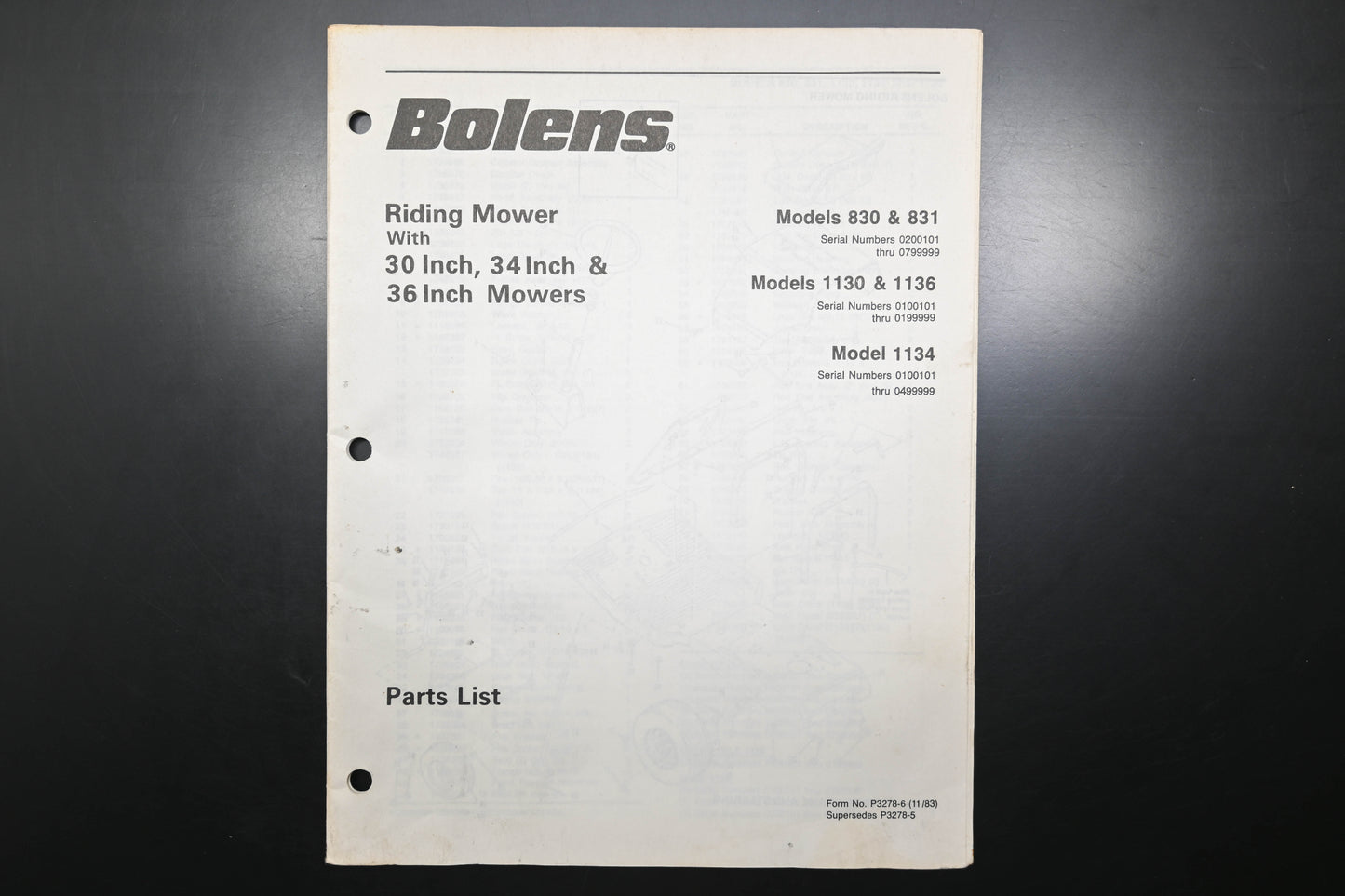 Bolens P3278-6 83 Mower Models 830 831 1130 1136 1134 Parts List