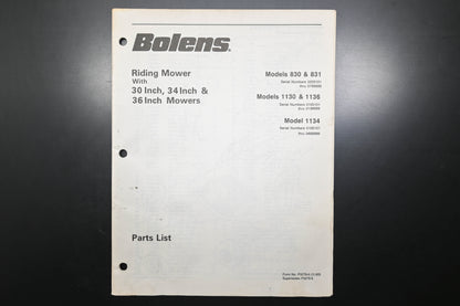 Bolens P3278-6 83 Mower Models 830 831 1130 1136 1134 Parts List