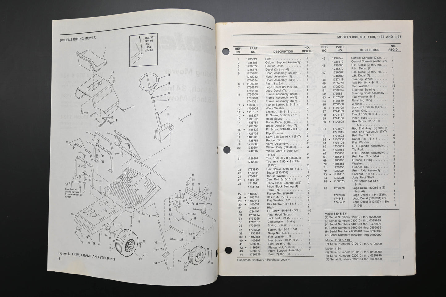 Bolens P3278-6 83 Mower Models 830 831 1130 1136 1134 Parts List
