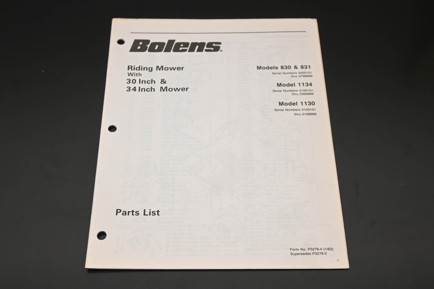 Bolens P3278-4 83 Riding Mower Models 830 831 1134 1130 Parts List